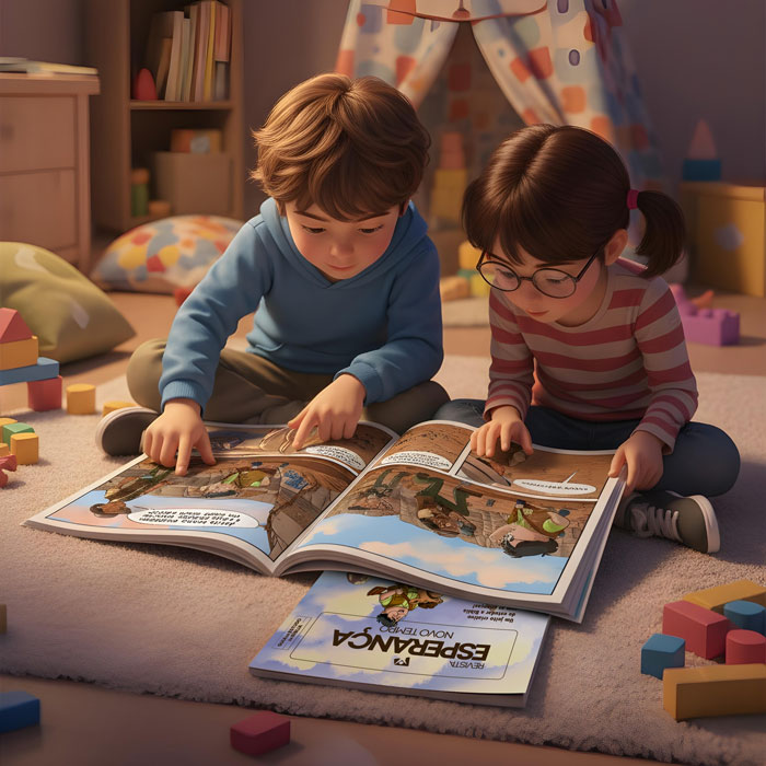 duas crianças lendo a revista Descobrindo Tesouros